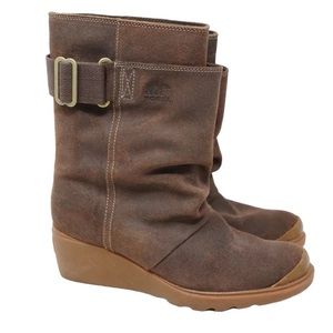 Sorel Toronto Brown Leather Mid Calf Winter Snow Wedge Boot Women's size 8